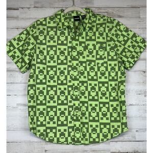 Minecraft Youth Boy’s Green Creeper Checkered Button Up Short Sleeve Sz XL